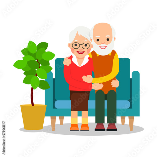 Old couple sitting. An older man and woman are sitting on sofa and rest. Concept of leisure retirees. Happy grandparents together. Togetherness hug grandmother and grandfather. Flat Illustration