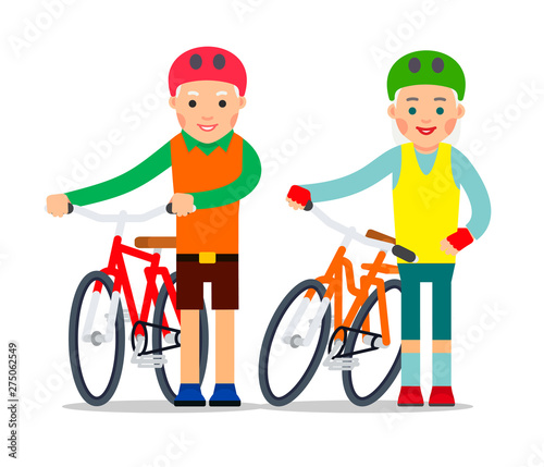 Old people and bike. Couple of older people are standing with bicycles. Happy pensioners are smiling ready to travel. Man and woman active and protected by helmets. Concept recreation people of age