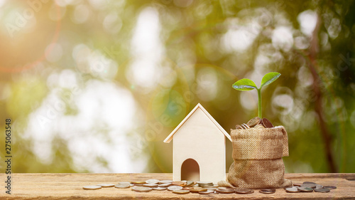 Property investment or saving money for new home concept. Plant growth on stack of coins in money bag with a small house model on wooden table. Depicts a good beginning. Business and financial concept