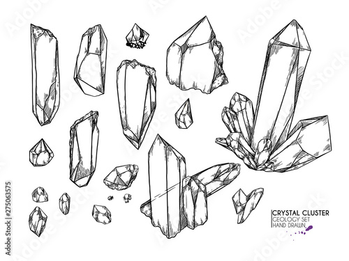Hand drawn crystal cluster. Vector mineral illustration. Amethyst or quartz stone. Isolated natural gem. Geology set. Use for decoration, flyer, banner, halloween, wedding, witch stuff.