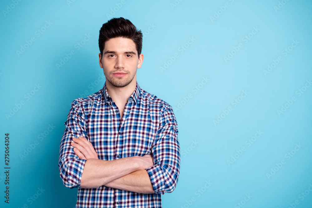 Portrait of luxurious pretty charming man person stubble feel glad calm peaceful rest relax freelance can solve any problem choose decide dressed plaid modern clothes isolated blue background Portrait of luxurious pretty charming man person stubble feel glad calm peaceful rest relax freelance can solve any problem choose decide dressed plaid modern clothes isolated blue background