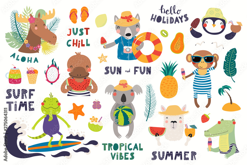 Fototapeta premium Big summer set with cute animals, quotes, fruits, drinks, pool floats. Isolated objects on white background. Hand drawn vector illustration. Scandinavian style flat design. Concept for children print.