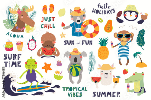 Big summer set with cute animals, quotes, fruits, drinks, pool floats. Isolated objects on white background. Hand drawn vector illustration. Scandinavian style flat design. Concept for children print.