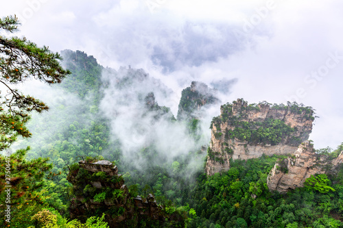 Zhangjiajie National forest park. Famous tourist attraction in Wulingyuan, Hunan, China. Amazing natural landscape with stone pillars quartz mountains in fog and clouds © Nikolay N. Antonov