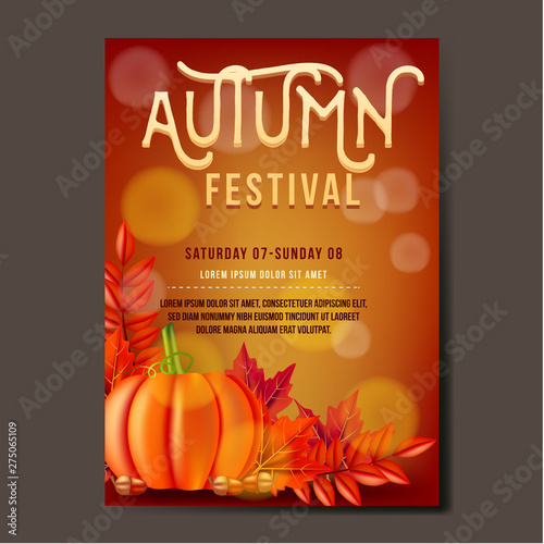 Autumn festival Flyer or banner Template design with leaves, pumpkin and acorn