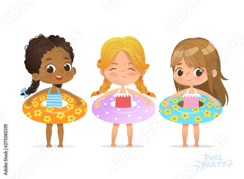 Multiracial Girls in inflatable circle. Kid Friend Relax at Summer Multiracial Pool Party with Inflatable Ring. Beach Girl Character Isolated. Birthday Vacation Flat Cartoon Vector Illustration