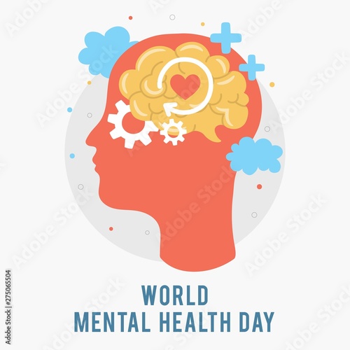 World Mental Health Day. Silhouette of a man's head with brain, gear, love. Mental Growth. Clear your Mind. Positive Thinking. Vector - Illustration