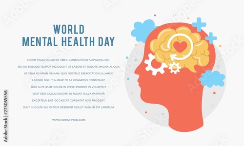 World Mental Health Day. Silhouette of a man's head with brain, gear, love. Mental Growth. Clear your Mind. Positive Thinking. Vector - Illustration