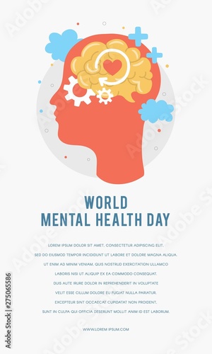 World Mental Health Day. Silhouette of a man's head with brain, gear, love. Mental Growth. Clear your Mind. Positive Thinking. Vector - Illustration