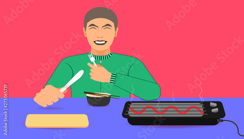 for your food promotion. a man happy while eating meal recommended. on left hand holding a spoon and a knife on right hand.