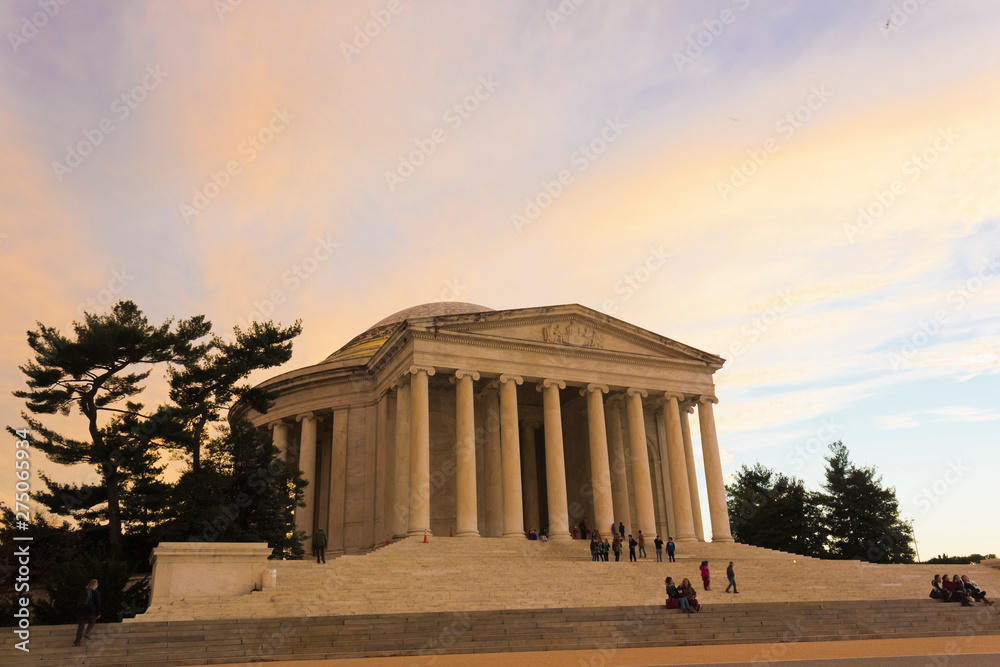 Beautiful view of the Roman Pantheon styled Thomas Jefferson Memorial at dusk, West Potomac Park, Washington DC