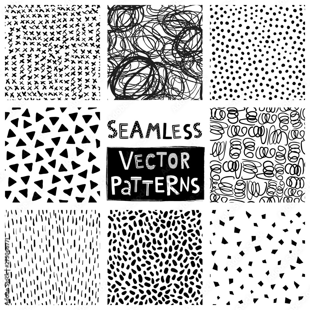 Vector set with doodle seamless patterns in black and white colors for modern textile, sport clothing and graphic design with dots, triangles, lines