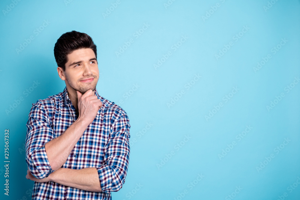 Close up photo amazing he him his macho wonder look up empty space unsure doubtful arm touch chin think over business startup project wear casual checkered plaid shirt isolated bright blue background Close up photo amazing he him his macho wonder look up empty space unsure doubtful arm touch chin think over business startup project wear casual checkered plaid shirt isolated bright blue background