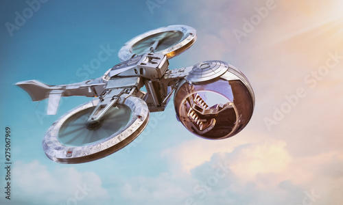 Self-driving autonomous passenger air taxi drone flying in the sunset sky. Robotic driverless aircraft copter, aerial security, city monitoring, delivery drone service, aerial taxi concept. 3D render photo