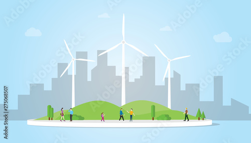 wind turbine concept on the city for energy power with modern flat style with blue background - vector