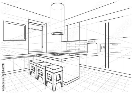 Abstract linear architectural sketch interior modern kitchen with island