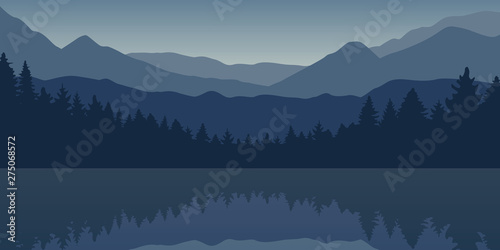 blue forest and mountain nature landscape by the lake vector illustration EPS10