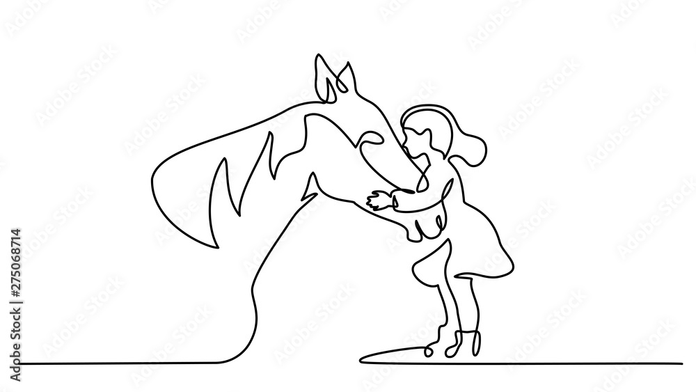 Fototapeta premium One line drawing. Horse and woman heads logo
