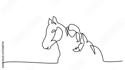 One line drawing. Girl lying a horse