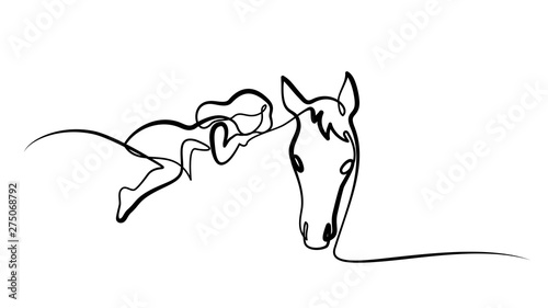 One line drawing. Girl lying a horse