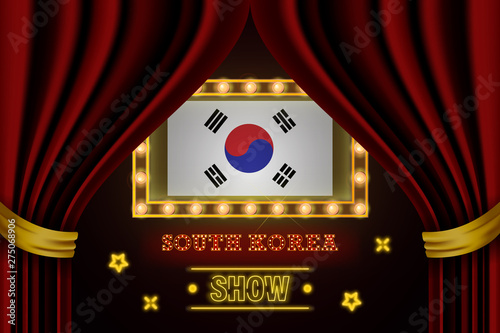 Show time board for performance, cinema, entertainment, roulette, poker of South Korea country event. Shining light bulbs vintage of South Korea country name