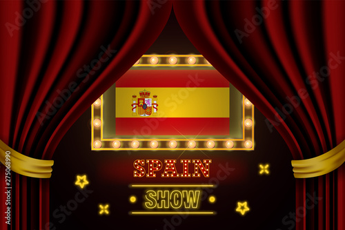 Show time board for performance, cinema, entertainment, roulette, poker of Spain country event. Shining light bulbs vintage of Spain country name