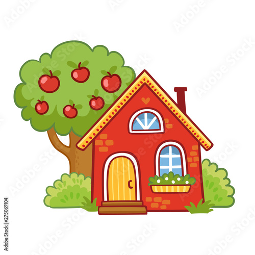 Small house stands next to an apple tree on a white background.