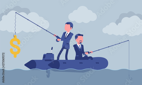 Business fishing for money. Two businessmen trying to catch dollar symbol, more and less successful manager, achievements and chance, luck, fortune in market. Vector illustration, faceless characters