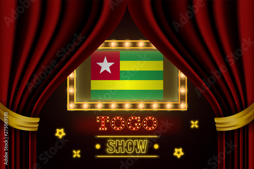 Show time board for performance, cinema, entertainment, roulette, poker of Togo country event. Shining light bulbs vintage of Togo country name