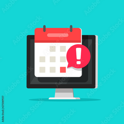 Calendar important date notice alarm as deadline notification on computer screen vector symbol, flat cartoon event reminder scheduled on agenda icon isolated image