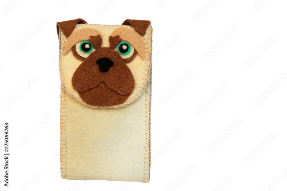 Handmade phone case made of felt with dog face. Fictional character. Handmade phone case made of felt with dog face. Fictional character.