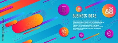 Header banner. Delete file, Parking and Skin care icons simple set. Currency, Refund commission and Confirmed signs. Remove document, Park pointer. Business set. Line delete file icon. Vector
