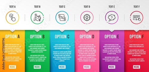 Bitcoin project, Question mark and Checkbox icons simple set. Loan percent, Idea and Read instruction signs. Cryptocurrency startup, Quiz chat. Business set. Infographic template. 6 steps timeline