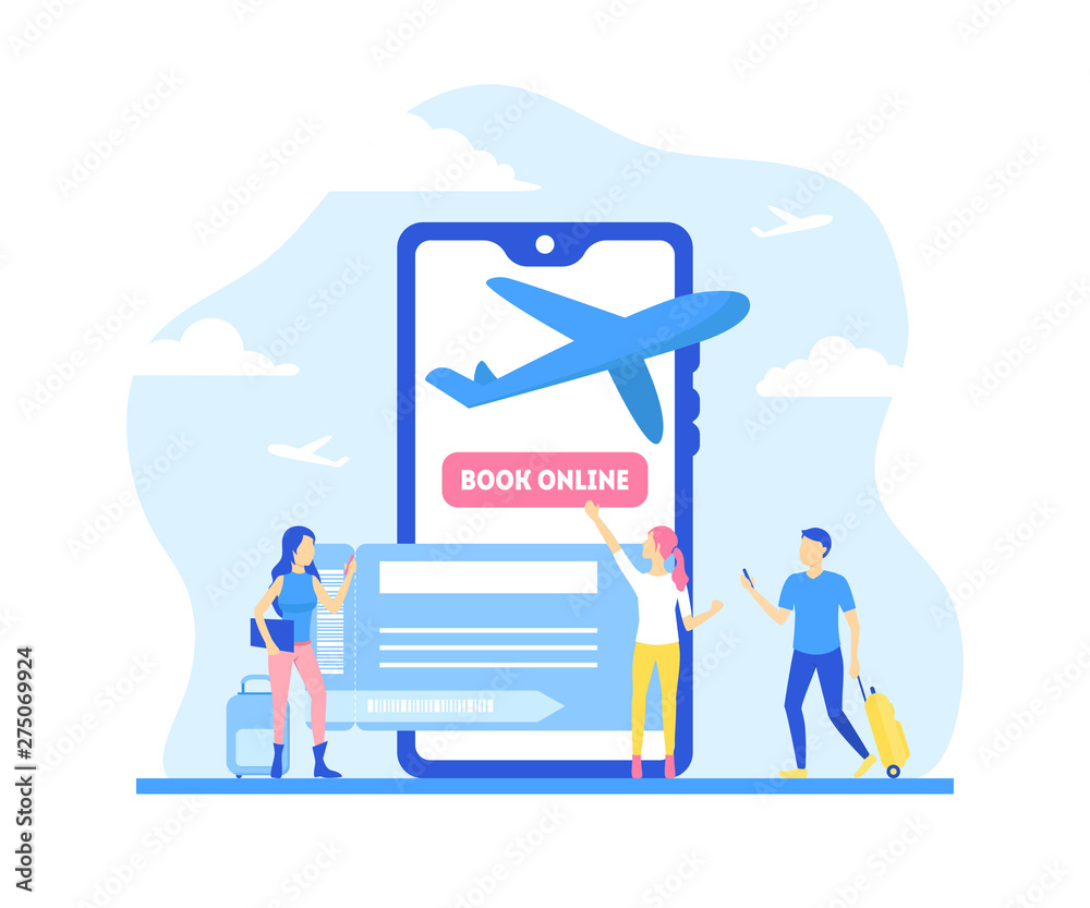 Cartoon Online Booking Ticket Concept and Characters People. Vector Cartoon Online Booking Ticket Concept and Characters People. Vector