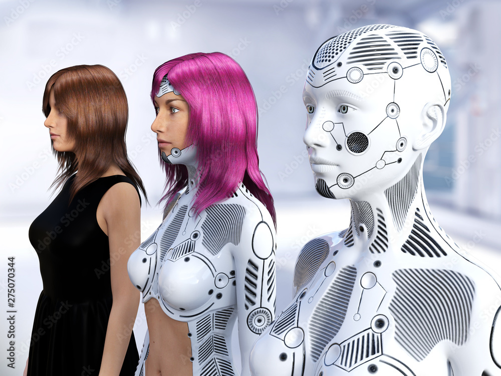 3D rendering of the evolution of female robots. 3D rendering of the evolution of female robots.