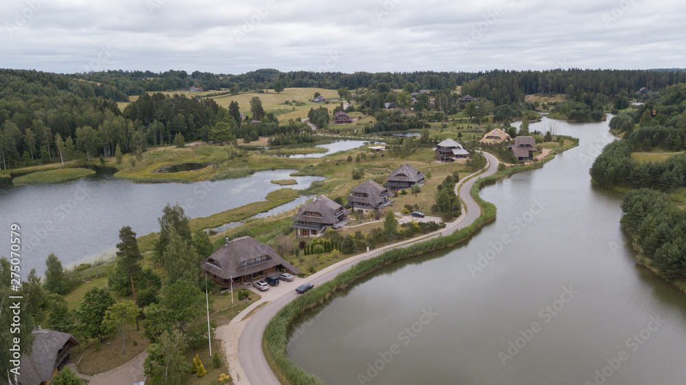 Amatciems lake Aerial drone top view Latvia