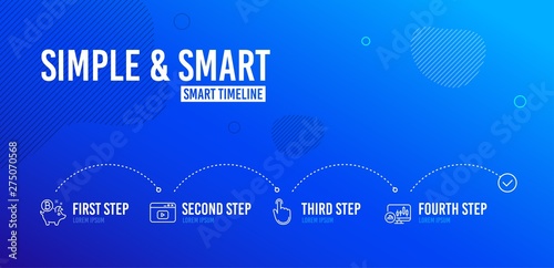 Infographic timeline. Bitcoin coin, Hand click and Video content icons simple set. Candlestick chart sign. Piggy bank, Location pointer, Browser window. Report analysis. Business set. Vector