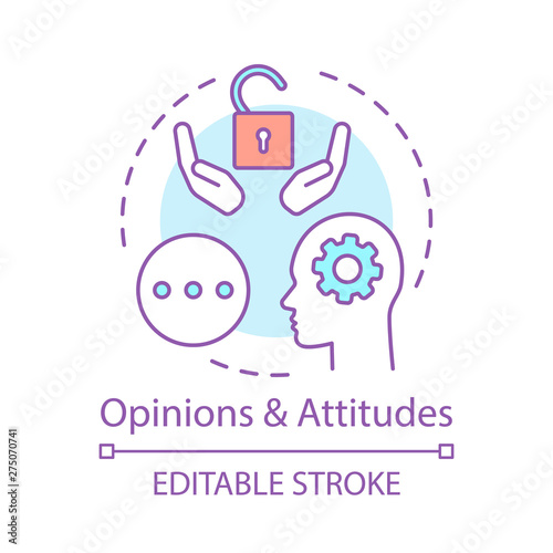 Opinions & attitudes concept icon. Positive thinking, solutions search. Mind, thoughts idea thin line illustration. Happy customer vector isolated outline drawing. Editable stroke