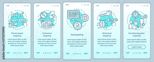 Targeting types turquoise gradient onboarding mobile app page screen vector template. Targeted advertising walkthrough website steps with linear illustrations. UX, UI, GUI smartphone interface concept