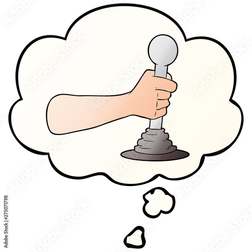 cartoon hand pulling lever and thought bubble in smooth gradient style