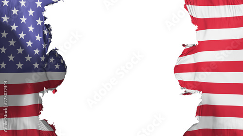Blasted United States of America flag, against white background, 3d rendering