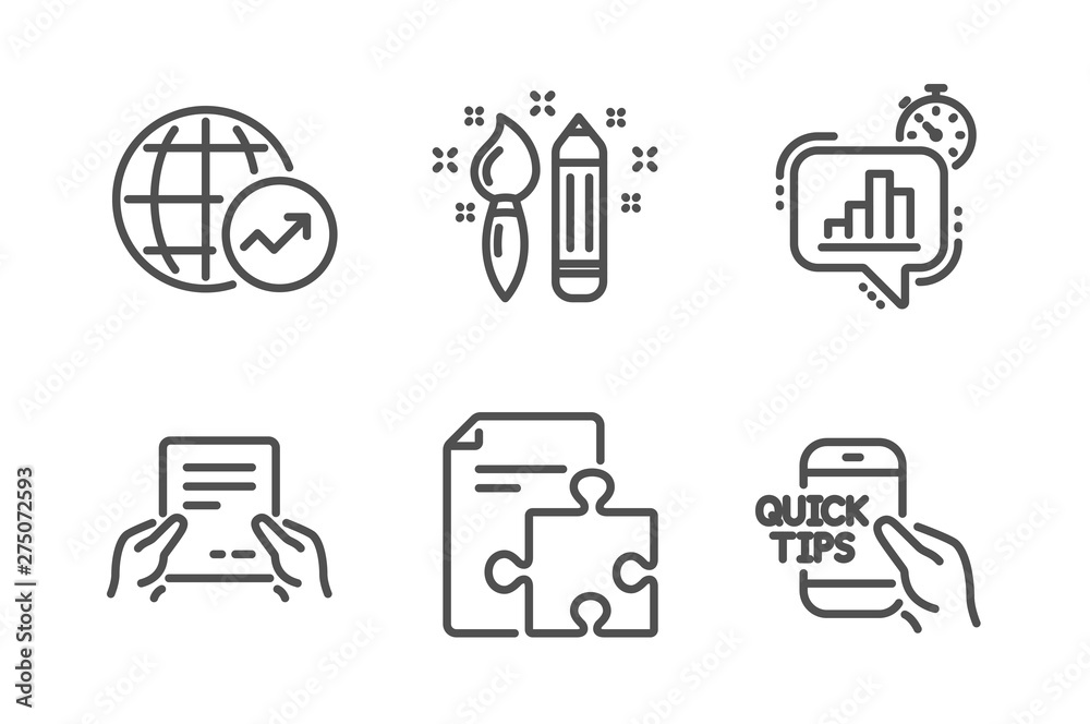 Strategy, Statistics timer and World statistics icons simple set. Receive file, Creativity and Education signs. Puzzle, Growth chart. Education set. Line strategy icon. Editable stroke. Vector