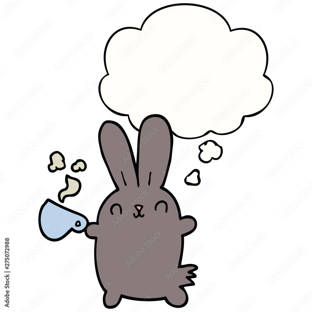 cute cartoon rabbit with coffee cup and thought bubble cute cartoon rabbit with coffee cup and thought bubble