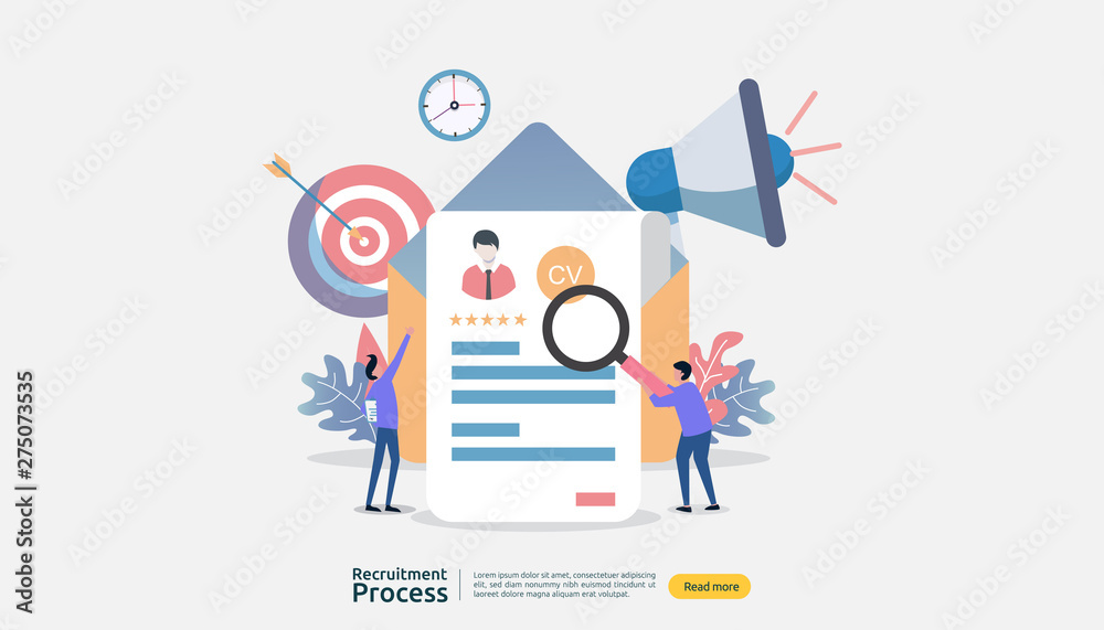 Naklejka premium Job hiring, online recruitment concept with people character. agency interview. select resume process. template for web landing page, banner, presentation, social media. Vector illustration