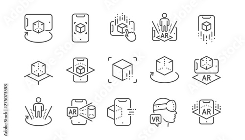 Augmented reality line icons. VR simulation, Panorama view, 360 degrees. Virtual reality gaming, augmented, full rotation arrows icons. Linear set. Vector photo