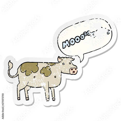 cartoon cow and speech bubble distressed sticker