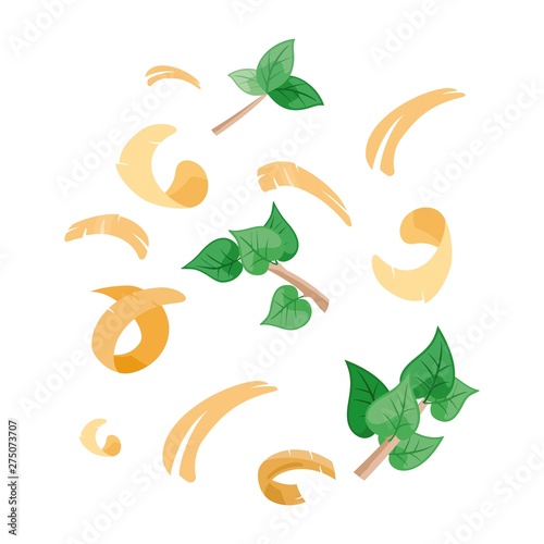 Abstract vector background with wood shavings, branches and leaves isolated on white. Sawdust of woodworking industry and offshoots of plant. Concept of sawmill, carpentry, planer projects.