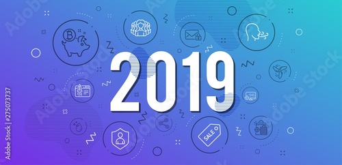 Infographic concept. Wind energy, Secure mail and Bitcoin coin icons simple set. Seo, Women group and Security signs. Breathing exercise, Water drop and Share symbols. 2019 year. Line wind energy icon