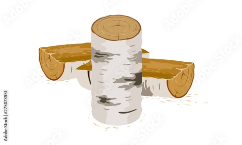 Vector picture shows stabbed birch logs near stump on white background isolated illustration