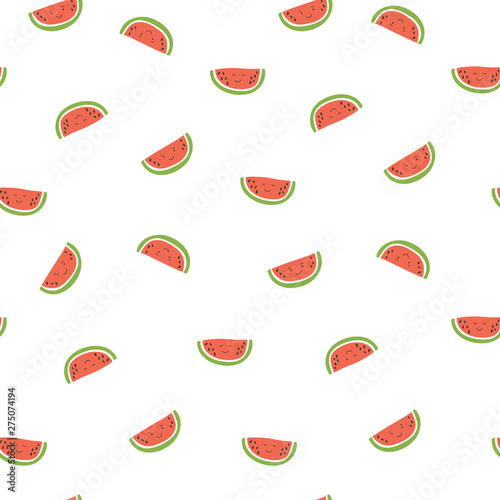 Kid's seamless pattern. Smiling watermelon. Exotic fruit fashion print. Design elements for baby textile or clothes. Hand drawn doodle repeating delicacies. Cute pink tropical wallpaper for children